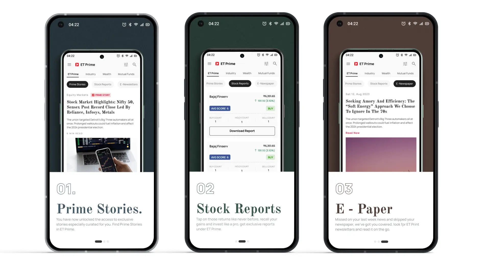 Feature cards for Prime Stories, Stock Reports and E-Paper