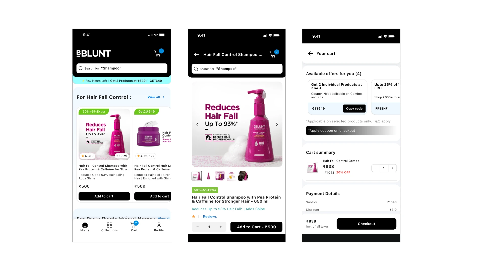 BBlunt app journey showing Home, Product and Checkout screens tied together by the Hair Fall concern