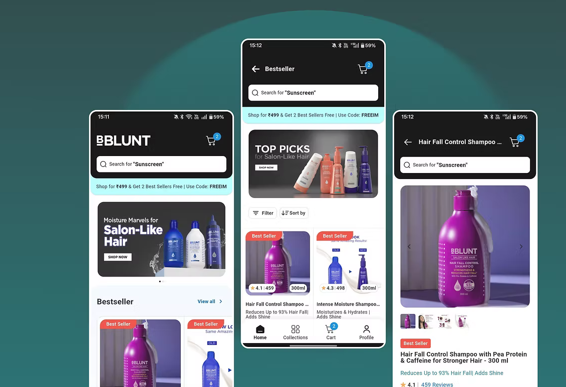 BBlunt app screens showing the hair concern-led shopping journey